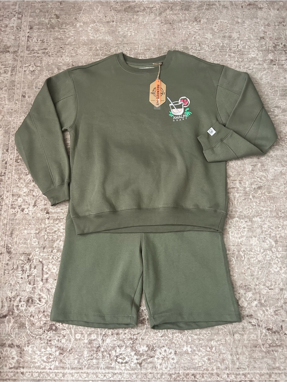 Men's Free Planet Olive Green Graphic Crewneck Sweatshirt and Shorts
